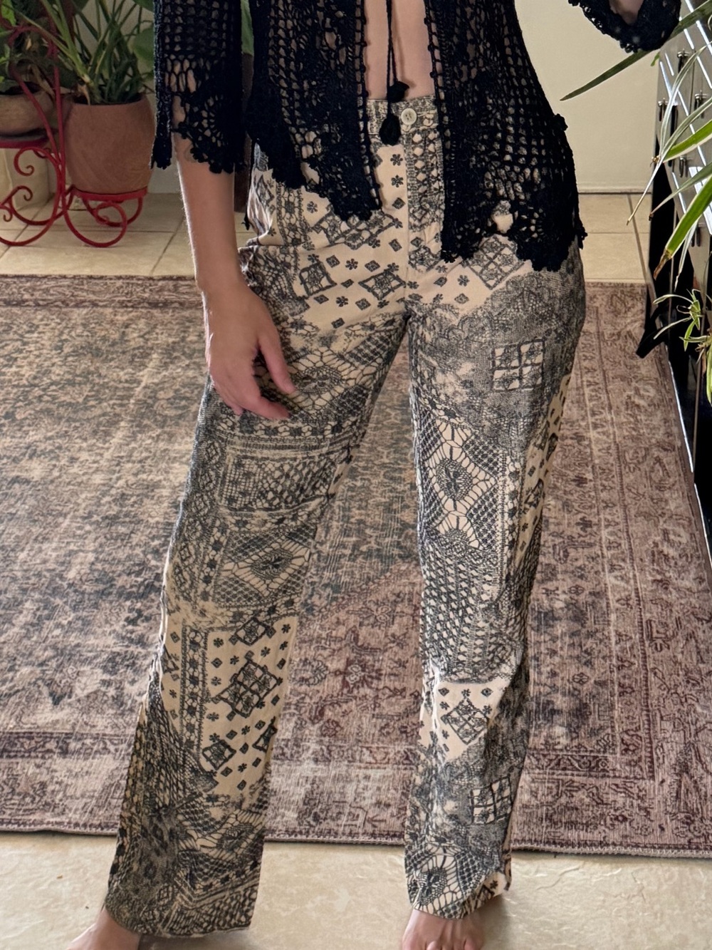 Vintage Y2K August Silk Corduroy Lace Print Pants 8